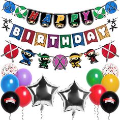 happy birthday banner with balloons and decorations