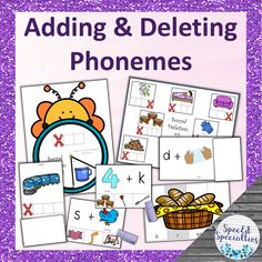 the addition and deleting phonemes game is shown in purple glitter with images of different