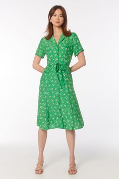 Maria Dress - Green Fruit Basket Green Fitted Belted Dress For Spring, Fitted Green Belted Dress For Spring, Silk Dress For Workwear In Summer, Summer Silk Dress For Work, Silk Short Sleeve Midi Dress For Work, Silk Midi Dress For Work With Short Sleeves, Fitted Silk Summer Dress With Short Sleeves, Green Silk Short Sleeve Midi Dress, Fitted Silk Dress With Short Sleeves For Summer