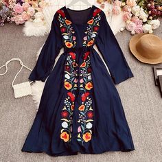 Name:Bohemian ethnic style, holiday dress, vintage, heavy embroidery, V-neck dressMaterial:blendedColor:white,lavender,yellow,navy blue,redStyle:Bohemian ethnic styleFeatures: vintage, heavy embroiderySize(cm):free 1inch=2.54cmbust:96,length:106,shoulder:42,sleeve:55&ltp&gtNote:Due to different measurement methods,there will be 1-3 error(unite:cm), please understand.</p>&ltbr/>&ltp&gtPlease check the size carefully when you choose items,thank you.</p>&ltbr/ Spring Festival Embroidered V-neck Dress, Traditional V-neck Boho Dress For Spring, Spring V-neck Maxi Dress With Multicolor Embroidery, Embroidered V-neck Bohemian Dress, Folk Style V-neck Dress For Vacation, Long Folk Style Embroidered Dress, Spring Boho Dress With Floral Embroidery And V-neck, Spring V-neck Boho Dress With Floral Embroidery, Spring Boho V-neck Dress With Floral Embroidery