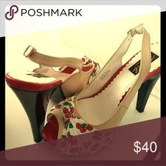 Pin Up Couture Size 7 Slingbacks Bnwt Worn for 1 hr , cherry print ADORABLE ! 4.5 inch heel. pin up couture Shoes Heels Red Open Heel Heels With 4-inch Heel, Black/red Plaid Heels Size 11, Pinup Couture, Couture Shoes, 5 Inch Heels, Cherry Print, Slingbacks, Pin Up, Shoes Heels