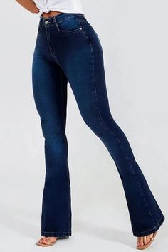 Deep Blue Casual Solid Patchwork High Waist Skinny Denim Jeans Blue Stretch Denim Flare Jeans, Blue Stretch Flare Denim Jeans, Non-stretch Blue Denim Flare Jeans, Stretch Blue Denim Jeans, Blue Denim Flare Jeans For Fall, Blue Stretch Flare Jeans With Pockets, Denim Style Casual, Trendy Jeans, Moda Jeans