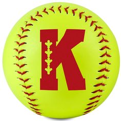 a yellow baseball with the letter k on it