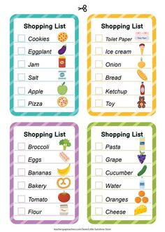 the grocery list is shown in three different colors and sizes, including one for each item