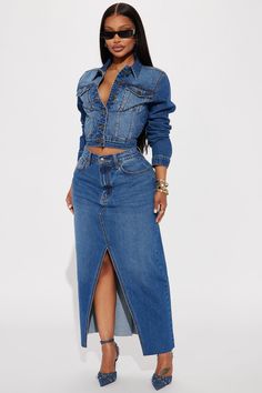 Bailey Denim Maxi Skirt Set - Medium Wash | Fashion Nova, Matching Sets | Fashion Nova Denim Skirt Set, Modest Spring Outfits, Long Jean Skirt, Maxi Skirt Set, Jacket Collar, Denim Skirt Outfits, Office Casual Outfit, Stylish Work Attire, Fashion Nova Outfits