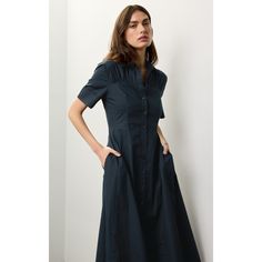 Blue (98% Cotton, 2% Elastane) Cocktail dress. Collared. Short sleeves. Front button closure. 48" from shoulder to hemline. Imported. Semi-formal Button-up Dress With Button Cuffs, Short Sleeve Workwear Dresses With Placket, Short Sleeve Midi Dress With Placket For Workwear, Formal Knee-length Midi Dress With Placket, Classic Short Sleeve Midi Dress With Placket, Collared Summer Dresses With Button Cuffs, Summer Collared Dress With Button Cuffs, Summer Workwear Shirt Dress With Button Cuffs, A-line Dress With Placket For Work