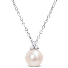 Add a splash of elegance to your outfit with this sterling silver solitaire pendant featuring a freshwater cultured pearl and sparkling round diamonds. Pendant measures 11.9mm in length and 8mm in width. An 18 inch cable chain is included with your purchase. New Necklace Designs, White Attire, Pearl And Diamond Necklace, Elegant Pendant, Pendant With Chain, Pretty Necklaces, Solitaire Pendant, Sterling Silver Necklace Pendants, Pearl Diamond