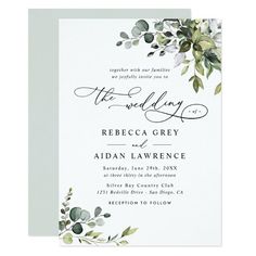 an elegant wedding card with greenery on it