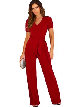 Red Straight Leg Knotted High Waist Short Sleeve Jumpsuit Elegant Pants Suits, Womens Summer Jumpsuits, Short Sleeve Jumpsuit, Elegant Pant, Formal Jumpsuit, High Waist Short, Wrap Jumpsuit, Short Women, Jumpsuit Elegant