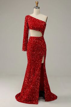 Zapakasa Women Red Sequins Cut Out Prom Dress Mermaid One Shoulder Formal Dress with Split Front Cut Out Prom Dress, Cut Out Prom Dresses, Red Prom Dresses, Red Mermaid, Lace Prom Dress, Satin Long Sleeve, Red Sequin