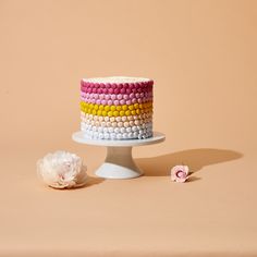 a multicolored cake sitting on top of a white plate next to a flower