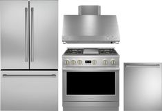 stainless steel kitchen appliances including refrigerator, stove and oven