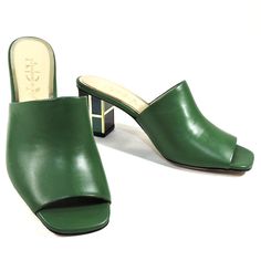 Made In Italy Leather Upper Leather Lining Leather Sole Heel Is 3" Bag Sale Separately Hand Made Shoes Green Open Toe Formal Mules, Elegant Green Mules For Evening, Elegant Green Open Heel Mules, Green Evening Mules With Padded Heel, Chic Green Mules For Formal Occasions, Elegant Green High Heel Mules, Elegant Green Open Toe Mules, Elegant Green Heels With Removable Insole, Chic Green Mules For Evening