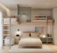 a bedroom with bunk beds, ladders and white carpeted flooring is shown