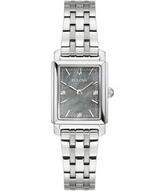 From Bulova&#x2C; the Women's Classic Two-Hand Stainless Steel Bracelet Watch features: Stainless steel bracelet and case Gray Mother of Pearl dial Curved mineral crystalDeployant clasp with push buttonsTwo hand movement Approx. case size: 32mmWater resistance: 30 ATM Imported. Accessories Watches Women, Dillard's, Minerals Crystals, Steel Bracelet, Stainless Steel Bracelet, Silver Watch, Two Hands, Accessories Watches, Mother Of Pearl