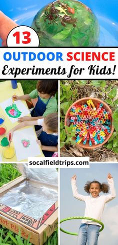 children playing with outdoor science experiments and activities for kids that are fun to do on the grass