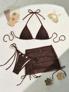 Women's Vacation Solid Color Halter Bra & Swim Bottom Sexy Bikini Set With Cover Up Skirt, 3pcs, Summer Beach Bathing Suit Chocolate Brown Sexy    Plain,Striped  High Stretch  Women Clothing, size features are:Bust: ,Length: ,Sleeve Length: Bathing Suit With Cover Up, Brown Beach Outfit, Cute Bathing Suits Bikinis, Y2k Swimwear, Shein Bikinis, Swimming Suits For Women, 90s Swimsuit, Mtv Downtown, Love Island Outfits