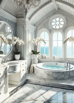 a bathroom with a large bathtub and two sinks under a chandelier in front of the window