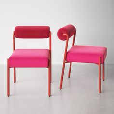 Dining just became a whole lot more exciting with the funky and bold jolene dining. This unique chair is crafted from pine wood and wrapped in sumptuous fabric, with iron legs in contrasting colors to add a sense of abstraction. AllModern Leg Color: Red, Upholstery Color: Pink/Red | AllModern Grete Side Chair 31.5 H x 20.8 W x 24.3 D in red / pinkWood / Upholstered / Velvet in Red / Pink / Red | 31.5" H X 20.8" W X 24.3" D | Wayfair Funky Dining Chairs, Funky Desk Chair, Colorful Dining Chairs, Mcm Dining Chairs, Unique Dining Chairs, Eclectic Dining Chairs, Pink Chairs, Mismatched Dining Chairs, Art Deco Chair