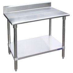 a stainless steel work table with one shelf on each side and two legs at the bottom