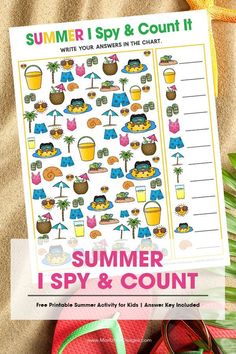 the summer i spy and count printable game is shown with sunglasses, flip flops and