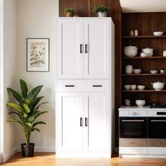 a kitchen with white cabinets and wooden shelves next to a potted houseplant