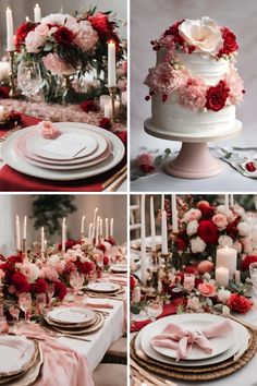 the table is decorated with pink and red flowers, white plates, and candles for an elegant wedding