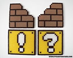 four pieces of pixel art made to look like legos with question marks on them