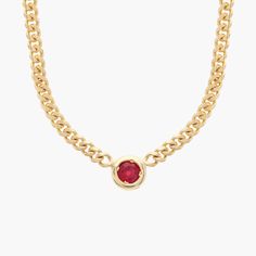 Crafted from gleaming 14k Italian yellow gold, this 18-inch-long curb link necklace exudes quiet luxury. A bezel ruby accent completes it with a flash of crimson allure. Classic Ruby Necklace In Yellow Gold, Classic Yellow Gold Ruby Necklace, Formal Ruby Necklace With Bezel Setting, Gold Ruby Necklaces With Bezel Setting, Classic Red 14k Gold Necklace, Quiet Luxury, Blue Nile, Precious Gemstones, Link Necklace