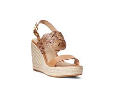 LAUREN Ralph Lauren Hazell Leather Espadrille - Women's Shoes : Buff/Buff : Elegance meets warm-weather effortlessness in the LAUREN Ralph Lauren Hazell Burnished Leather Espadrille wedges. Wedge heel sandals showcasing leather upper. PU lining with padded footbed ensures cushioned comfort. Two-tone braided detailing on the ankle and the heel strap. Open round toe silhouette. Buckle closure. Jute and rubber outsole. Imported. Measurements: Heel height: 3.75 in Weight of footwear is based on a si Luxury Summer Wedge Sandals, Woven Leather Wedge Sandals With Round Toe, Leather Wedge Sandals For Summer, Brown Woven Leather Wedge Sandals, Leather Wedge Sandals With Woven Detail, Leather Wedge Sandals With Cushioned Footbed For Spring, Luxury Synthetic Wedge Sandals For Summer, Luxury Spring Wedge Sandals With Heel Strap, Luxury Wedge Sandals For Summer