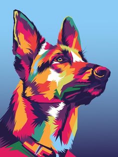 a colorful german shepard dog on a blue background