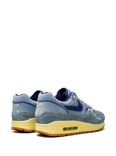 Nike Air Max 1 Premium "Dirty Denim" Sneakers - Farfetch Urban Blue High-top Sneakers With Gum Sole, Custom Suede Sneakers With Gum Sole For Streetwear, Urban Blue Denim Sneakers, Nike Urban Suede Sneakers, Urban Nike Suede Sneakers, Blue Urban Custom Sneakers With Contrast Sole, Blue High-top Sneakers With Logo Patch, Sporty Blue High-top Sneakers With Logo Patch, Urban Denim Sneakers For Streetwear