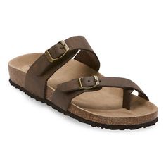 Slip on these women's Fairhaven sandals from Arizona Jean Co on your next walk. This open-toed pair has a faux leather upper strap design with adjustable buckle closures, a molded footbed, and rubber traction sole for added comfort.Closure Type: Buckle, Slip-OnPlatform Shoe Height: 1 InchShoe Heel Height: 1 InchUpper/Outer Base Material: 100% PolyuretheneSole Material Content: 100% EvaToe Type: Open ToeShoe Strap Type: Adjustable StrapHeel Style: Flat HeelCountry of Origin: Imported Sandals Brown, Footbed Sandals, Strap Design, Brown Sandals, Womens Sandals, Arizona, Adjustable Straps, Heel Height, Leather Upper