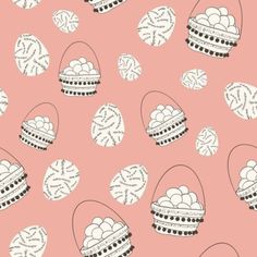 a pink background with white baskets filled with eggs