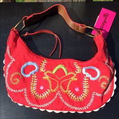 Betseyville Red Embroidered Shoulder Bag 13 X 6” Yellow Lining And White Scallop Edging. Measurements Approximately 9” Faux Leather Strap, 6” Top To Bottom, 13” Side To Side Embroidered Shoulder Bag, Betsey Johnson Bags, Betsey Johnson, Size 13, Leather Straps, Bag Lady, Faux Leather, Shoulder Bag, Yellow