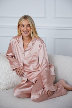 Introducing a new season colourway to our expanding luxury satin collection with this Dusty Pink. This new romantic and versatile colourway will leave you wanting to wear these everywhere, to bed, to the sofa, or to celebrate those special occasions like a baby shower or as part of the bridal party the night before that big day. This long sleeve satin pyjama set elevates bedtime giving a modern luxury feel to every day wear. Made from our new more luxurious woven satin fabric, the silhouette is Satin Pyjama Set Long, Pink Satin Pyjamas, Pink Silk Pjs, Modest Loungewear, Bridal Pyjamas, Bedtime Outfits, Pink Pyjamas, Pink Silk Pajamas, Satin Pyjamas