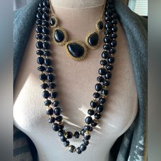 One Vintage Double Strand Of Black Beads And Gold Accents.Adjustable Length.About 15”.Also One Goldtone Necklace With 5 Black Stones Set In Decorative Gold.Adjustable About 10”.That One Is Nwt. Vintage Black Beaded Necklace With Beaded Chain, Adjustable Faceted Beads Necklace For Evening, Vintage Black Beaded Chain Necklace, Black Single Strand Beaded Necklaces For Party, Black Single Strand Beaded Necklace For Party, Black Beaded Necklace For Formal Costume Jewelry, Black Single Strand Necklace For Party, Party Black Single Strand Beaded Necklace, Black Beaded Costume Jewelry Necklace For Formal Occasions