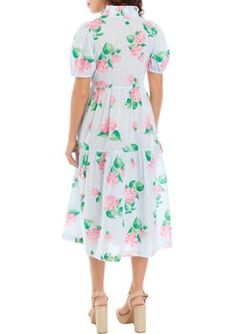 This chic tiered midi dress from Crown & Ivy is designed with an intricate all-over print and a ruffled neckline. | Crown & Ivy Women's Petite Puff Sleeve Printed Midi Dress, Pink, PM Tiered Floral Print Midi Dress For Daywear, Tiered Midi Dress With Floral Print For Daywear, Spring Tiered Dress For Daywear, Printed Feminine Midi Dress For Daywear, Feminine Printed Midi Dress For Daywear, Spring Tiered Midi Dress With Smocked Back, Tiered Printed Midi Dress For Spring, Printed Tiered Midi Dress For Spring, Summer Tiered Midi Dress For Daywear