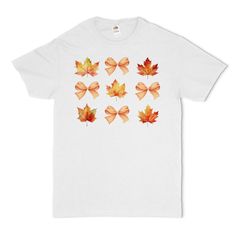 Embrace the beauty of fall with this charming t-shirt featuring a delightful pattern of autumn leaves and bows!

This 5 oz. 100% pre-shrunk cotton jersey fabric t-shirt ensures durability and longevity that stands up to repeated wear and wash.

Please check the sizing chart. We suggest measuring an existing well-fitting shirt of yours and comparing it to the size chart to find your ideal shirt :)

Cheers! 🍁 🎀 🍁 🎀 🍁 🎀 🍁 🎀

#fall #fallfashion #bows #ribbons #autumnleaves #fallcolor #TShirt Fall Season T-shirt Gift, Fall Gift T-shirt With Short Sleeves, White T-shirt For Fall Season Gift, White T-shirt For Fall Gift, Short Sleeve T-shirt For Fall Gift, White T-shirt As A Fall Gift, Fall Lovers, Cotton Jersey Fabric, Maple Leaves