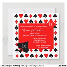 an image of a birthday card with playing cards and hearts on the front, in red and black