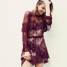 Composed Of A Sheer Intricate Lace, Lined Throughout Material: Main:100% Polyamide | Lining: 50% Rayon 50% Cupro Size: Au-8, Us-S Never Worn. Red Lace Feminine Dress, Burgundy Ruffled Dress For Night Out, Elegant Burgundy Mini Dress For Spring, Chic Burgundy Mini Dress For Spring, Burgundy Mini Dress For Spring, Spring Burgundy Mini Dress, Burgundy Ruffled Dress For Date Night, Burgundy Long Sleeve Dress For Summer, Spring Burgundy Dress For Brunch