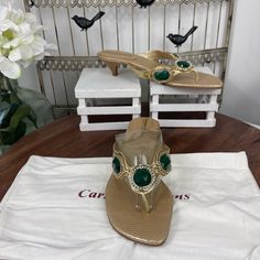 New.Carmen Steffens Womens Slide Thong Heels Sandals Gold W/Green Jeweled Size 9.Box#957. Summer Formal Toe Post Kitten Heels, Elegant T-strap Toe Post Sandals For Party, Elegant Toe Post T-strap Sandals For Party, Formal Toe Post Sandals, Elegant Toe Ring Sandals For Spring, Elegant Spring Toe Ring Sandals With Toe Post, Elegant Toe Ring Sandals With Toe Post For Spring, Elegant Toe Post Toe Ring Sandals For Spring, Elegant Open Toe Party Flip Flops