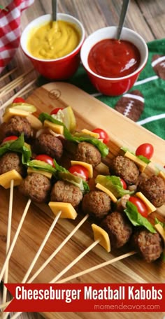 cheeseburger meatball kabobs with ketchup and mustard