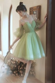 Avocado Green Tulle A-line Short Party Dress Poofy Short Dresses, Aot Shifting, Poofy Dress, Short Green Dress, Light Green Dress, Hoco Dresses Long Sleeve, Green Homecoming Dresses, Puffy Dresses, Green Tulle