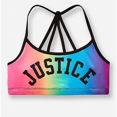 New Size 28 Stretchy And Breathable Sports Bra Beautiful Rainbow Hues With A Bold Justice Logo Striking Strappy Back 88% Polyester / 12% Elastane Lining: 100% Polyester Machine Wash Warm Multicolor Breathable Activewear For Training, Breathable Multicolor Sportswear Activewear, Multicolor Breathable Athleisure Activewear, Multicolor Sportswear Activewear, Multicolor Functional Activewear For Gym, Multicolor Sportswear Activewear For Training, Functional Multicolor Activewear For Gym, Multicolor Athleisure Activewear For Sports, Multicolor Moisture-wicking Activewear