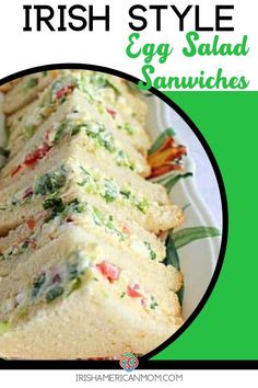 Egg salad sandwiches with text banner Irish Salad, Egg And Tomato, Tomato Sandwiches, Irish Style, Party Sandwiches, Egg Salad Sandwiches, Bulgogi Beef, Sandwich Fillings, Tea Sandwiches