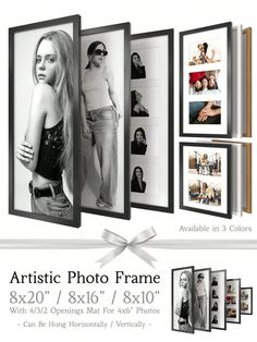 an artistic photo frame is shown with four photos and one woman's body in the background