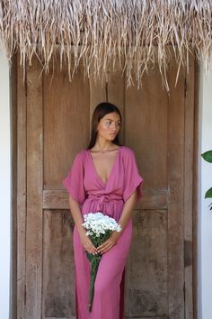 Melody Maxi Dress | Rosa · HAZEL & FOLK Flowy V-neck Midi Dress For Loungewear, Summer V-neck Wrap Dress For Brunch, Chic V-neck Maxi Dress For Loungewear, Elegant V-neck Dress With Tie Waist For Beach, Summer V-neck Loungewear Dress, V-neck Midi Dress For Loungewear, V-neck Wrap Dress With Tie Waist For Day Out, V-neck Wrap Dress With Tie Waist For Brunch, V-neck Tie Waist Midi Dress For Date Night