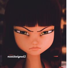 an animated girl with black hair and green eyes