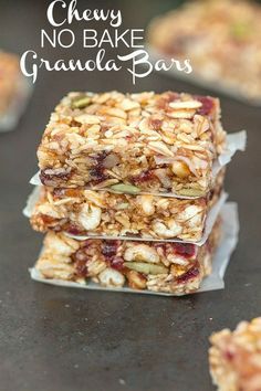 no bake granola bars stacked on top of each other with text overlay